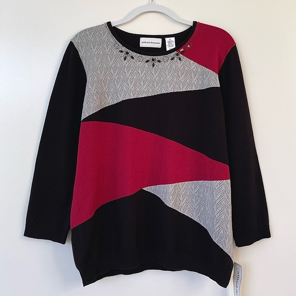 Alfred Dunner Knit Sweater Embellished Neckline Colorblock 3/4 Sleeve Crewneck - Picture 7 of 11